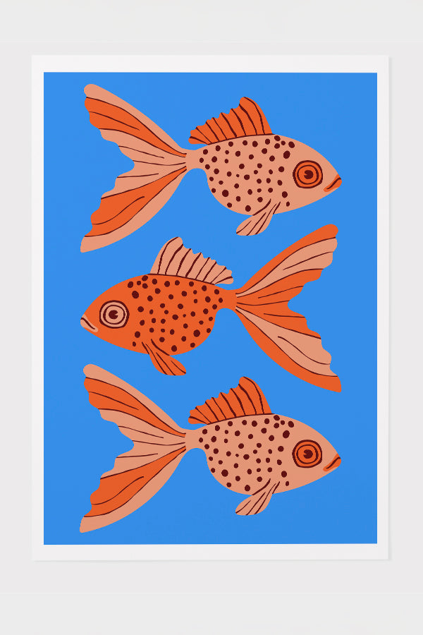 Bold Graphic Three Goldfish Giclée Art Print Poster (Blue)