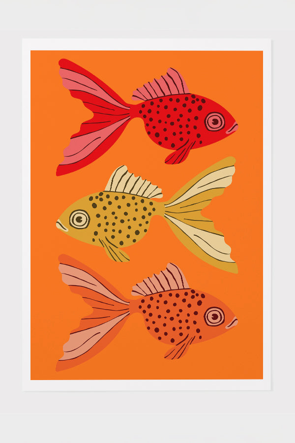 Bold Graphic Three Goldfish Giclée Art Print Poster (Orange)