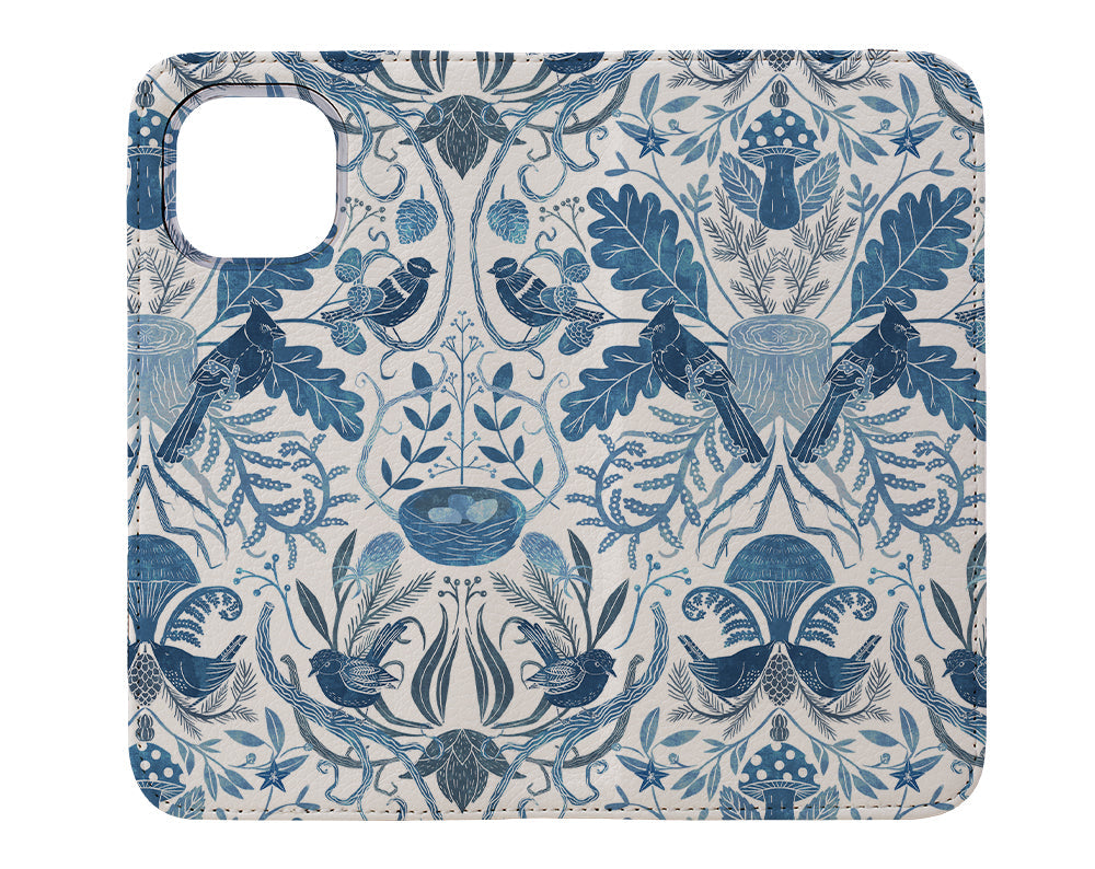 Birds in a Thicket Woodland Damask by Michele Norris Wallet Phone Case (Blue)