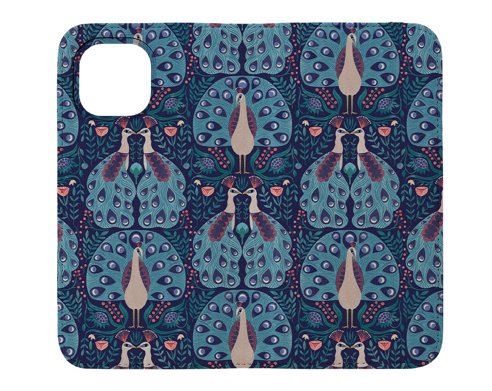 Peacocks Folk Style by Michele Norris Wallet Phone Case (Blue)