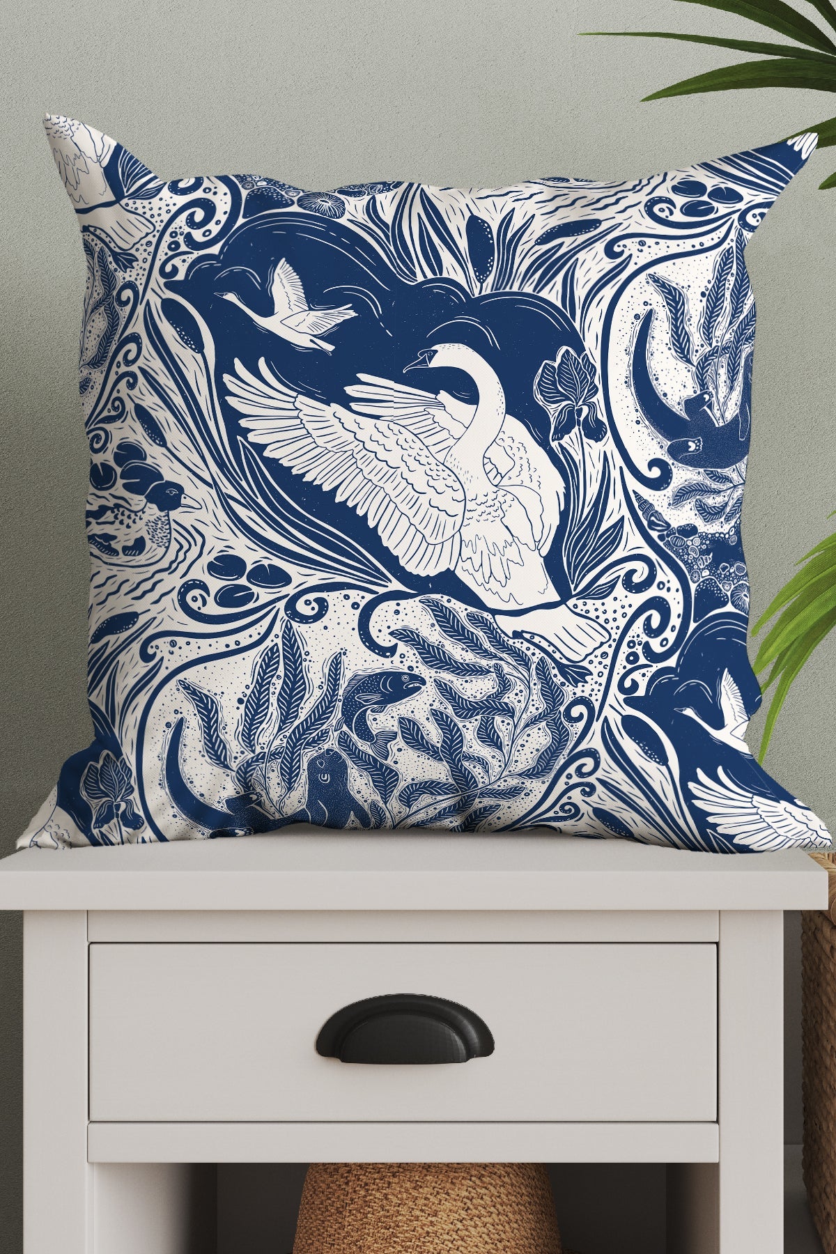 Water Life Block Print by Denes Anna Design Square Cushion (Blue)