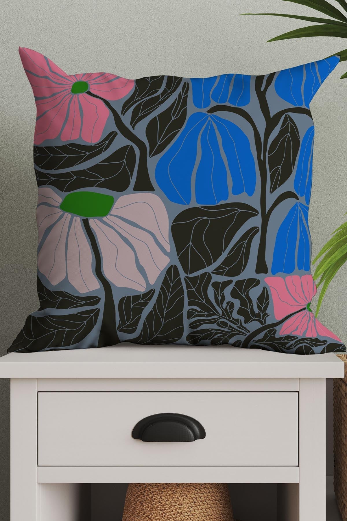 Abstract Flower Square Cushion (Denim Blue)