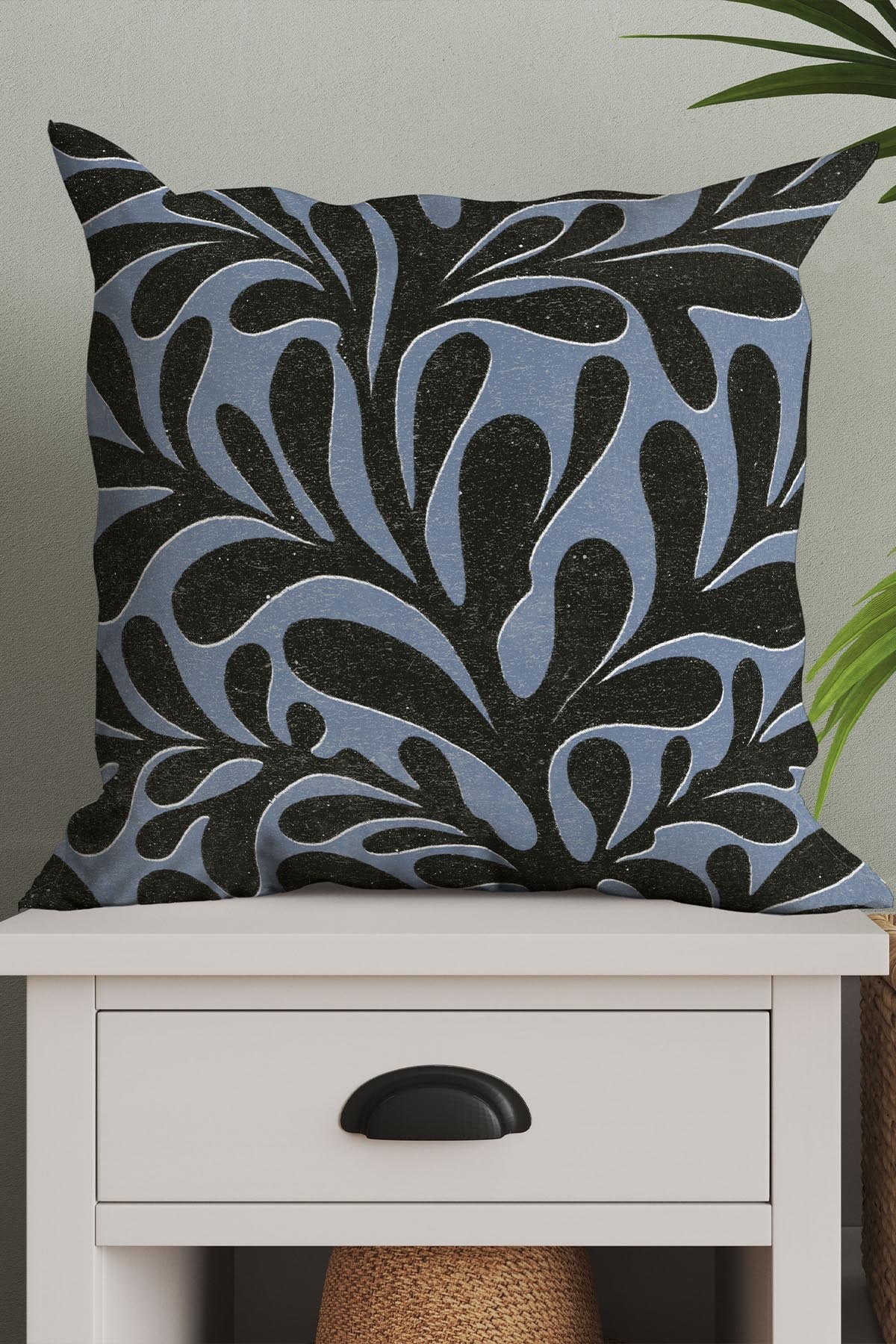 Abstract Plant Square Cushion (Blue Black)