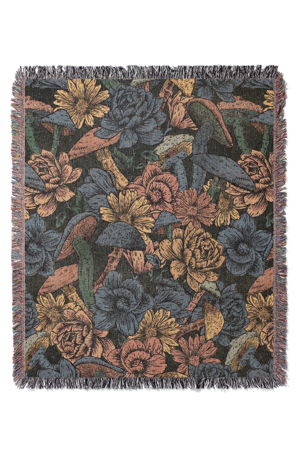 Mushroom Flowers Jacquard Woven Blanket (Blue Black)