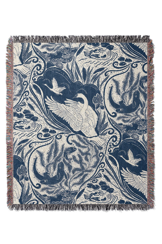 Water Life Block Print by Denes Anna Design Jacquard Woven Blanket (Blue)