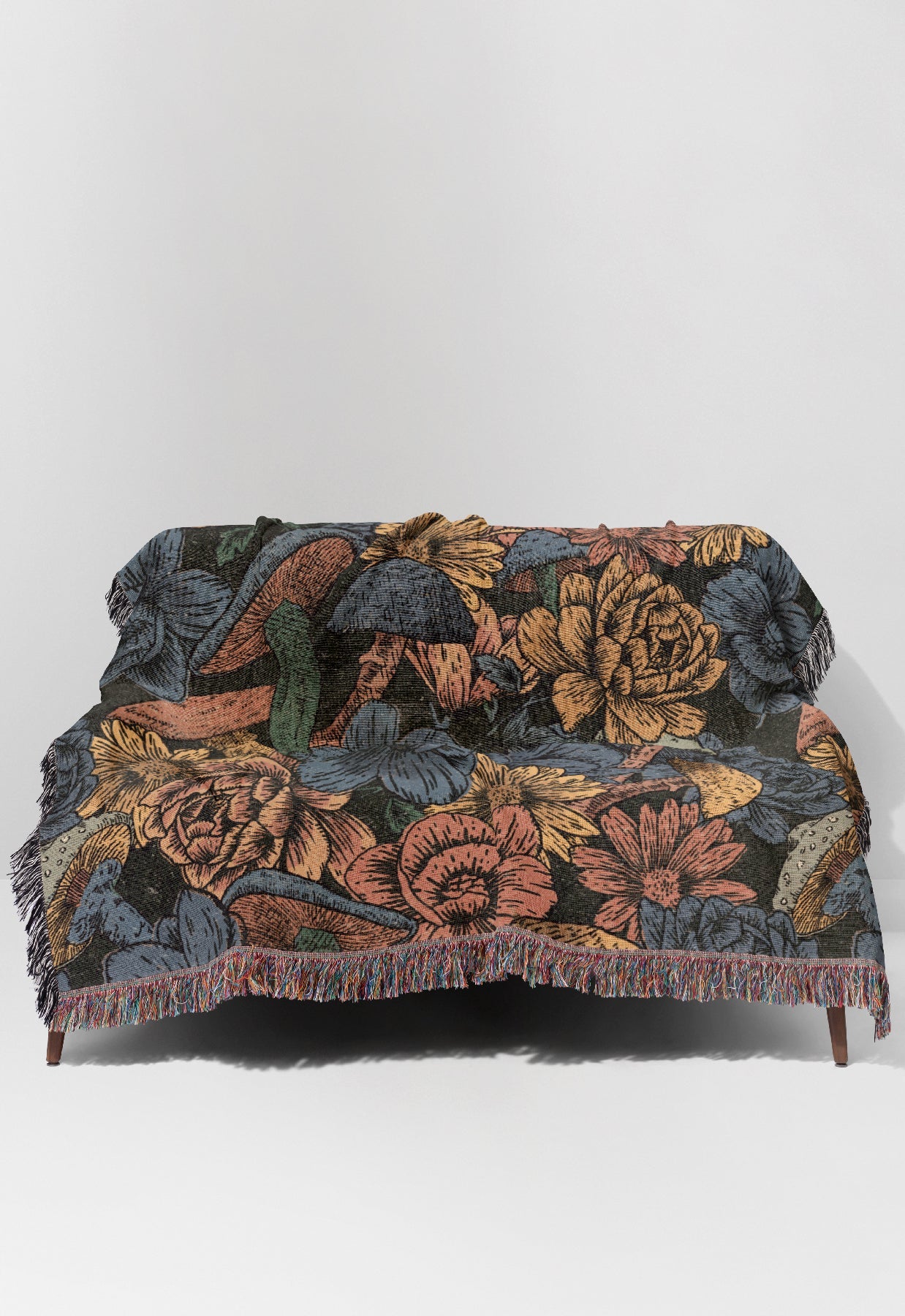 Mushroom Flowers Jacquard Woven Blanket (Blue Black)