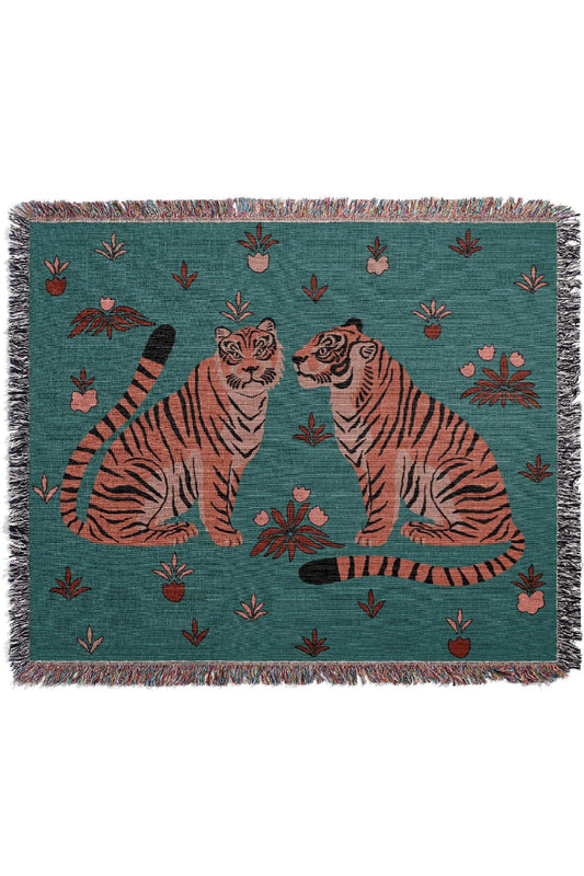 Two Floral Tigers Jacquard Woven Blanket (Blue)