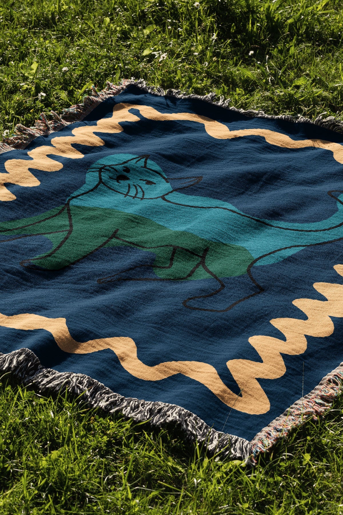 Cat Colour Swirl Jacquard Woven Blanket (Blue)