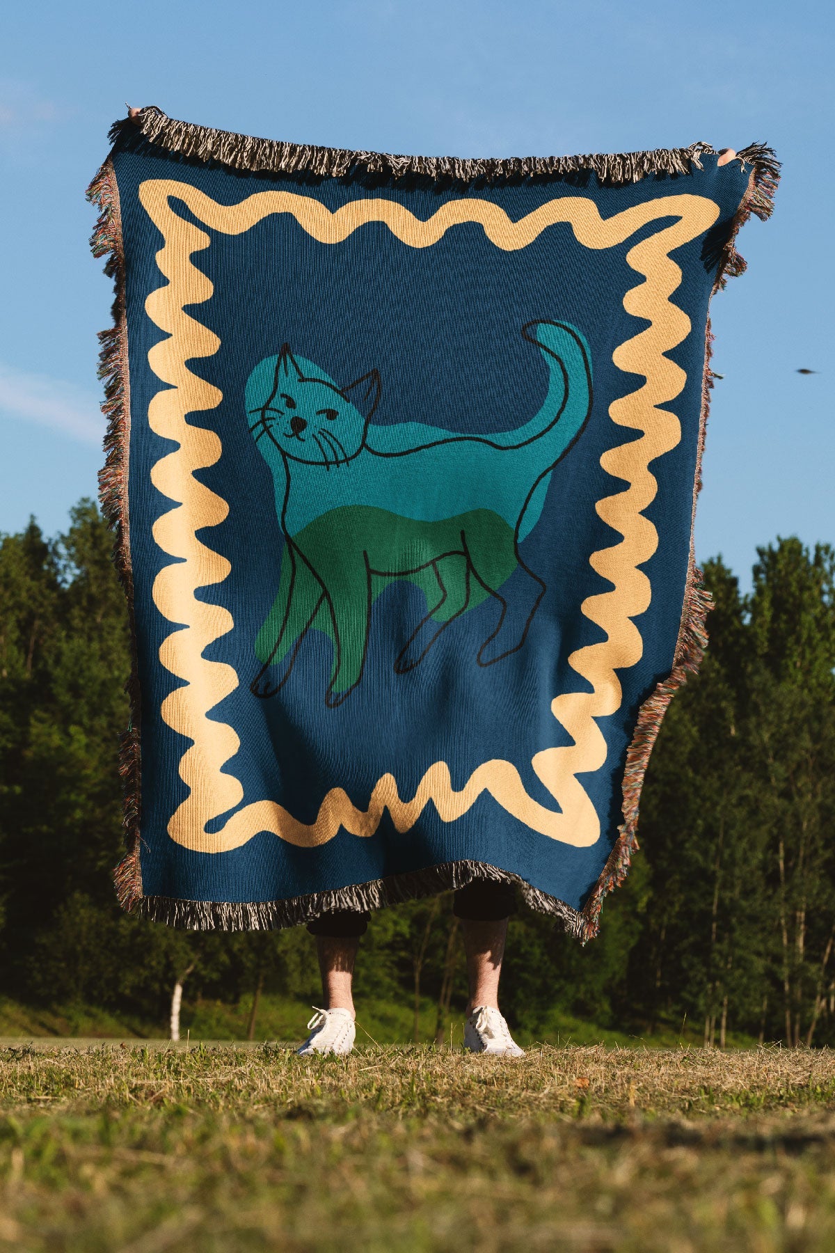 Cat Colour Swirl Jacquard Woven Blanket (Blue)