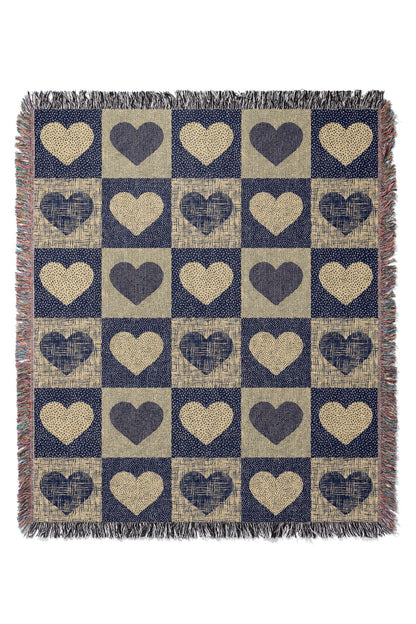 Textured Valentine Love Hearts by Denes Anna Design Jacquard Woven Blanket (Blue)