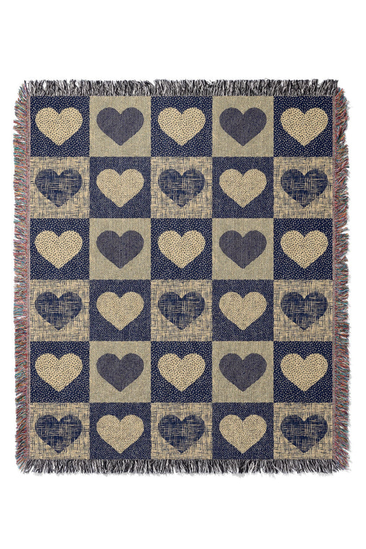 Textured Valentine Love Hearts by Denes Anna Design Jacquard Woven Blanket (Blue)