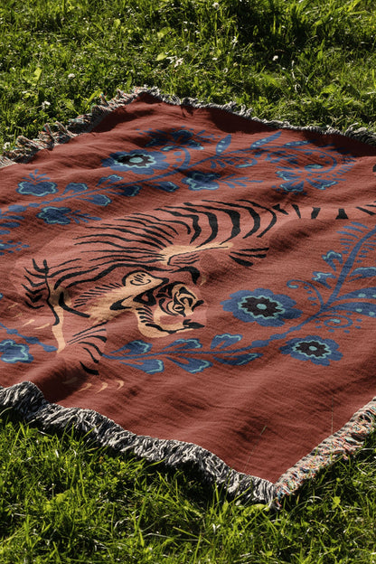 Floral Tiger Jacquard Woven Blanket (Orange Blue)