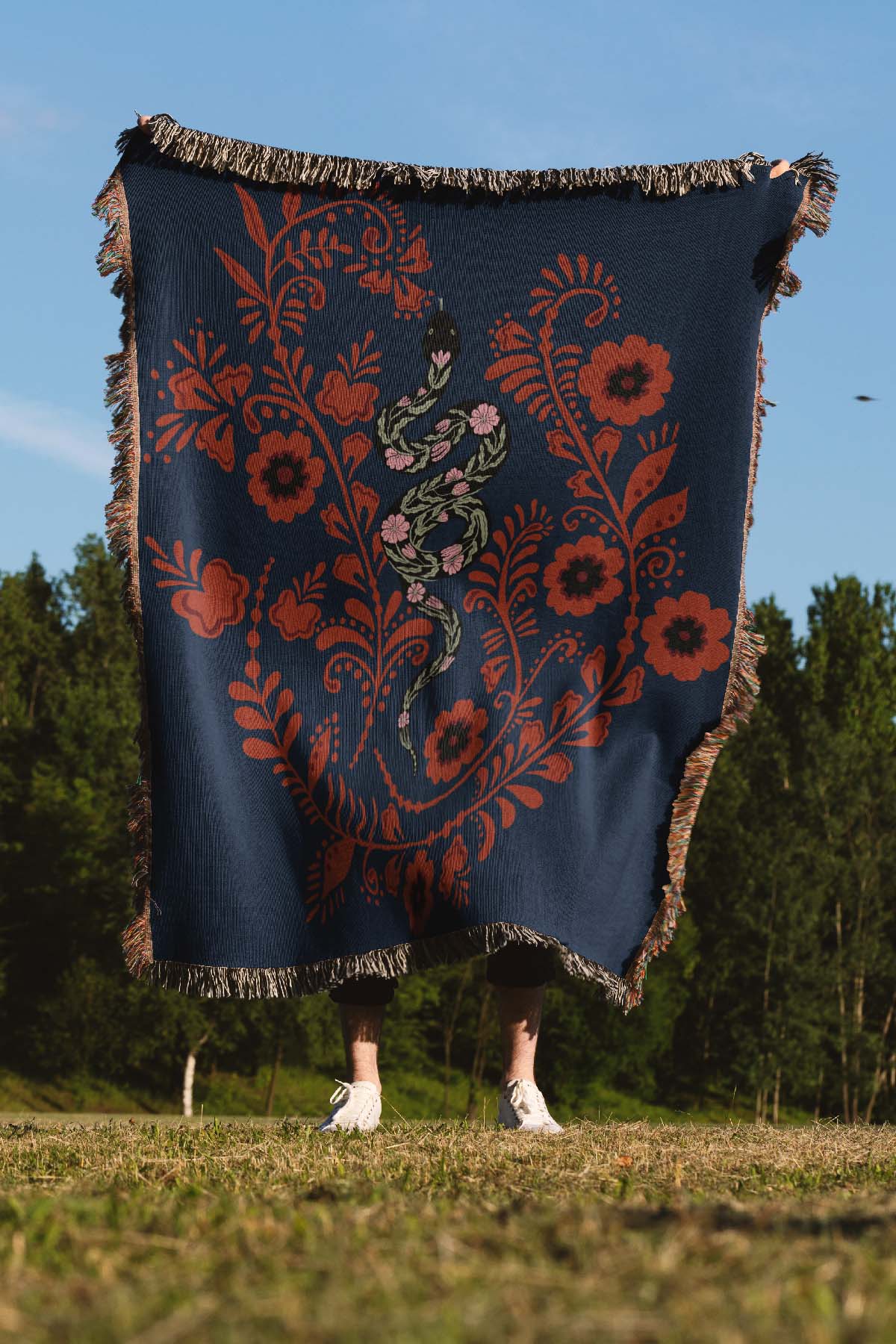 Floral Snake Jacquard Woven Blanket (Dark Blue)