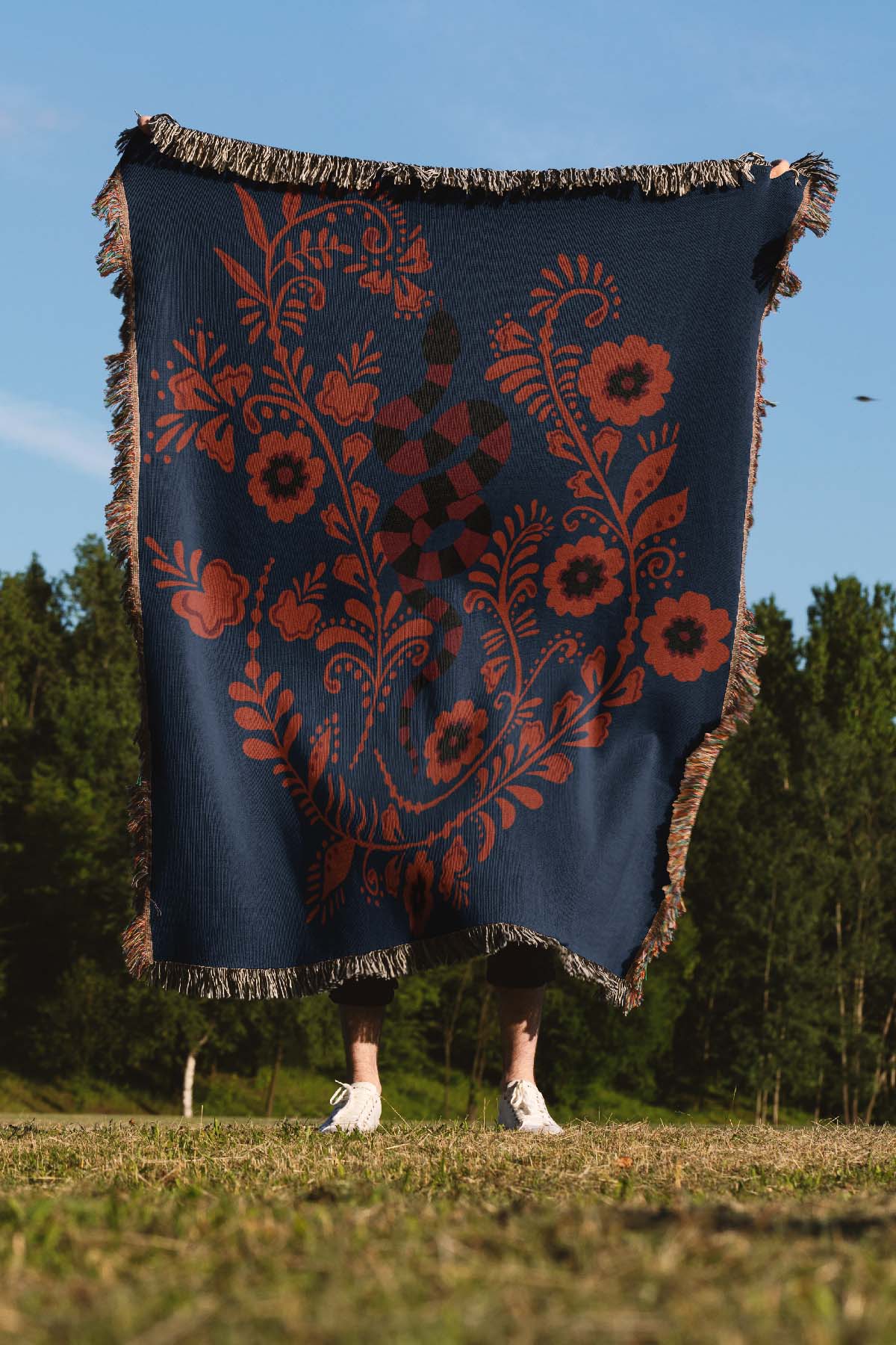 Floral Snake Stripe Jacquard Woven Blanket (Dark Blue)