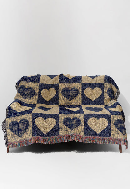 Textured Valentine Love Hearts by Denes Anna Design Jacquard Woven Blanket (Blue)