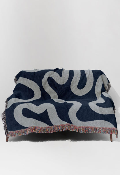 Swirl Lines Abstract Jacquard Woven Blanket (Blue)