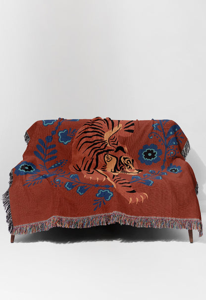 Floral Tiger Jacquard Woven Blanket (Orange Blue)