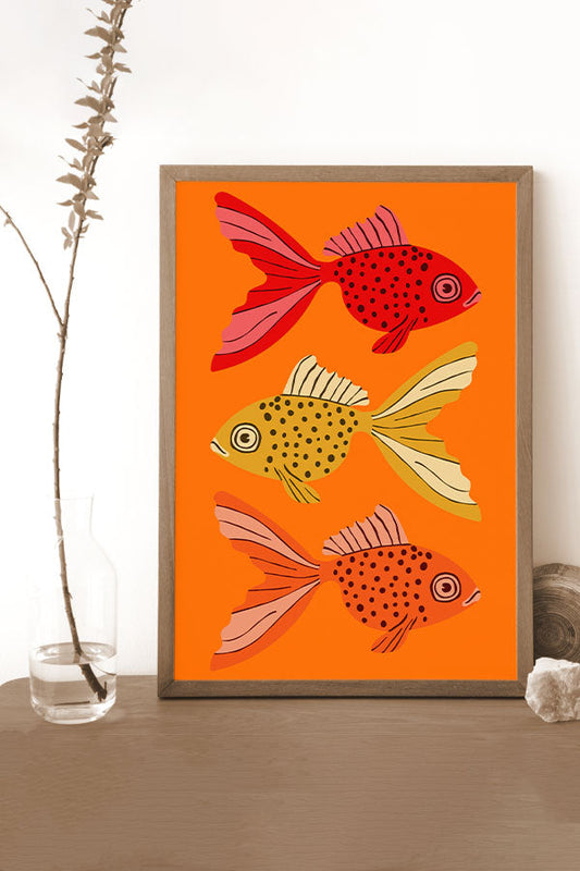 Bold Graphic Three Goldfish Giclée Art Print Poster (Orange)