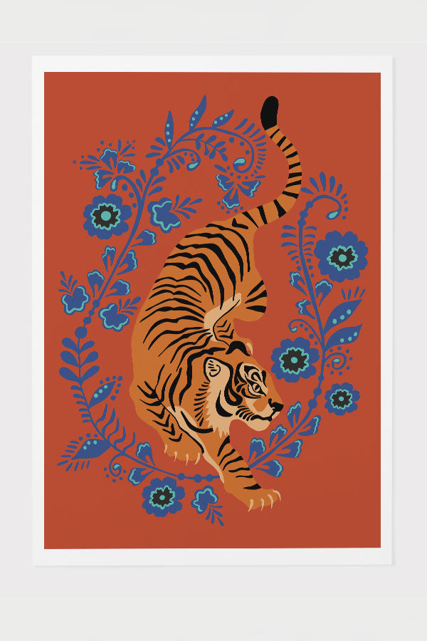 Floral Tiger Giclée Art Print Poster (Orange Blue)