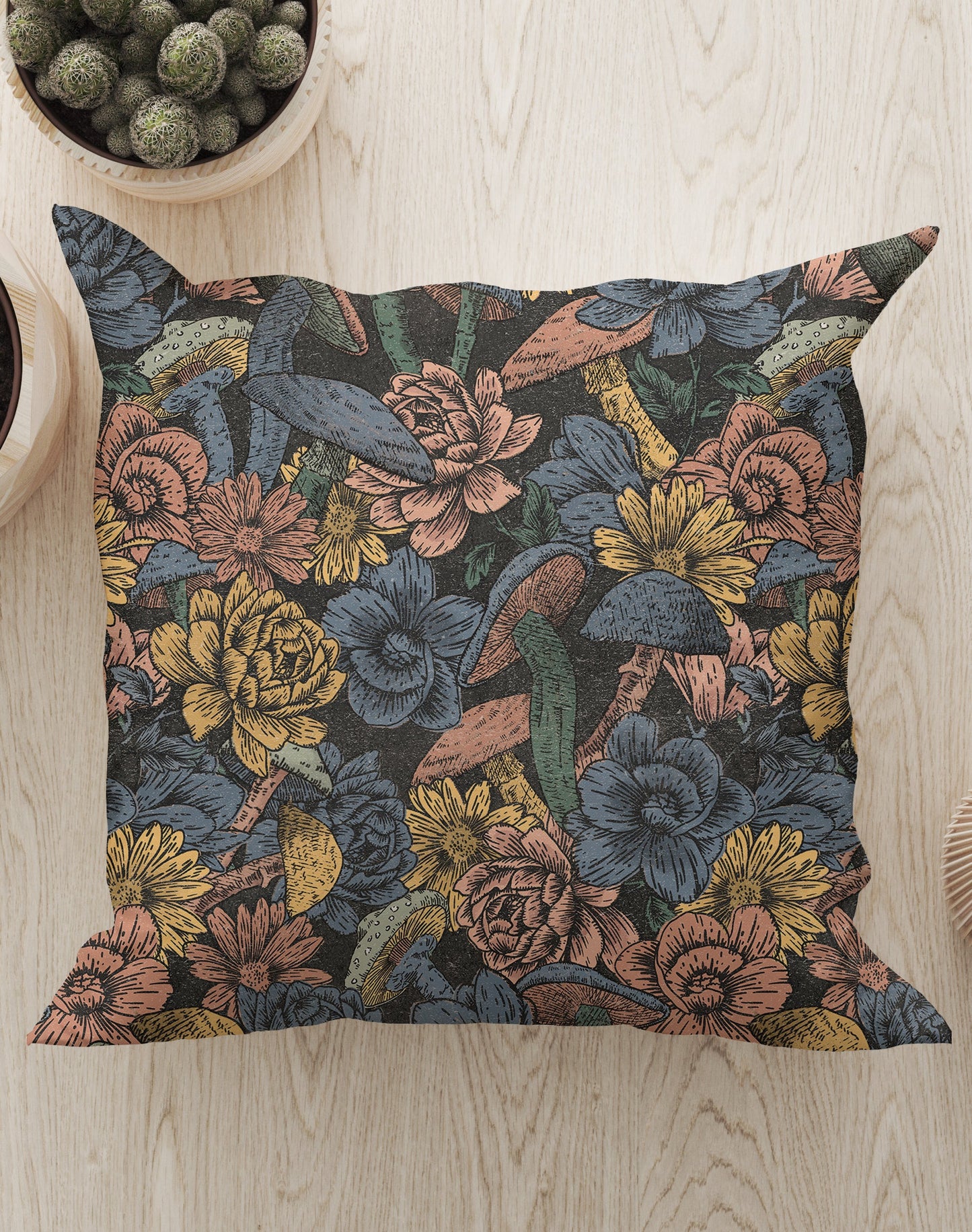 Mushroom Flowers Square Cushion (Blue Black)