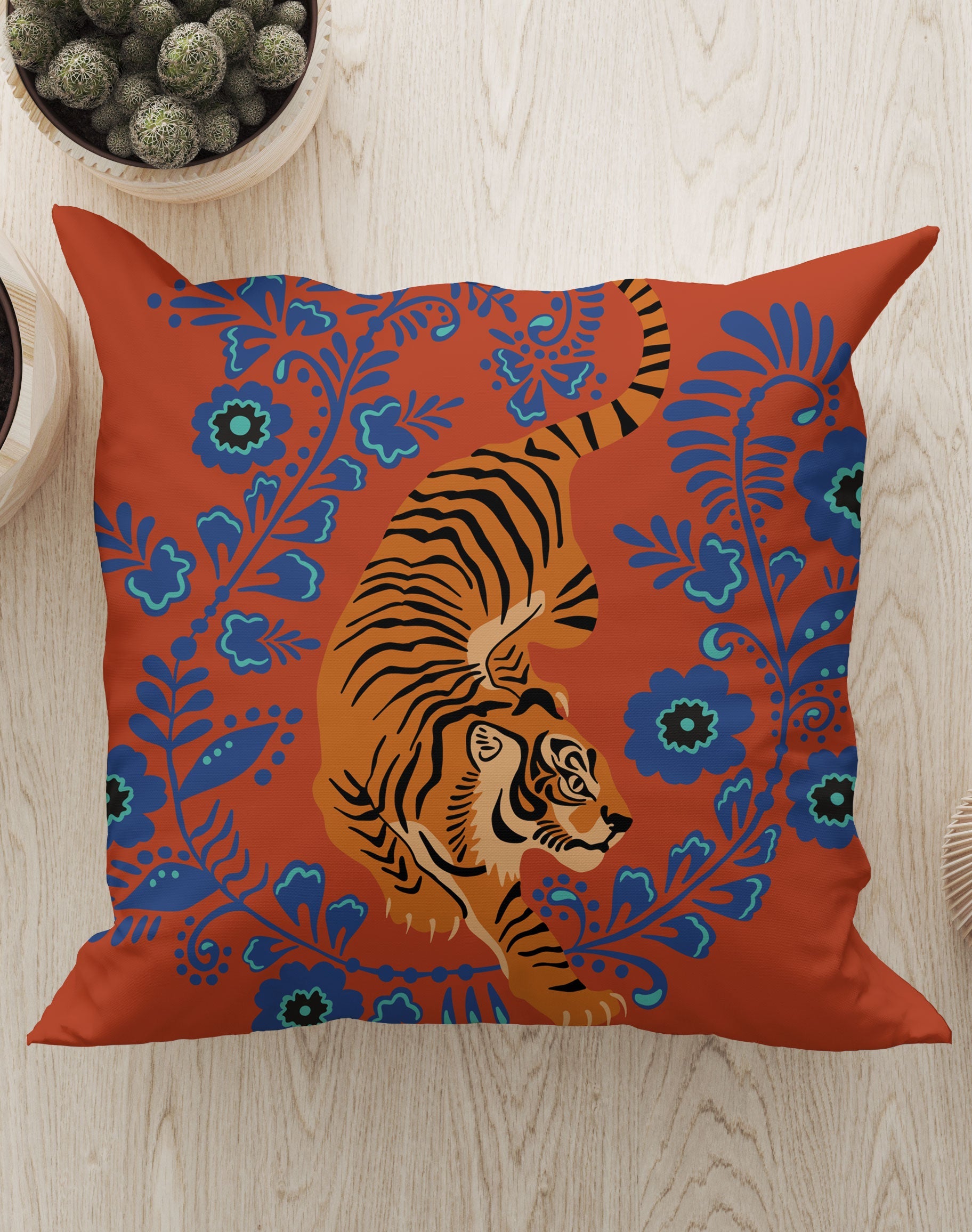 Floral Tiger Square Cushion (Orange Blue)