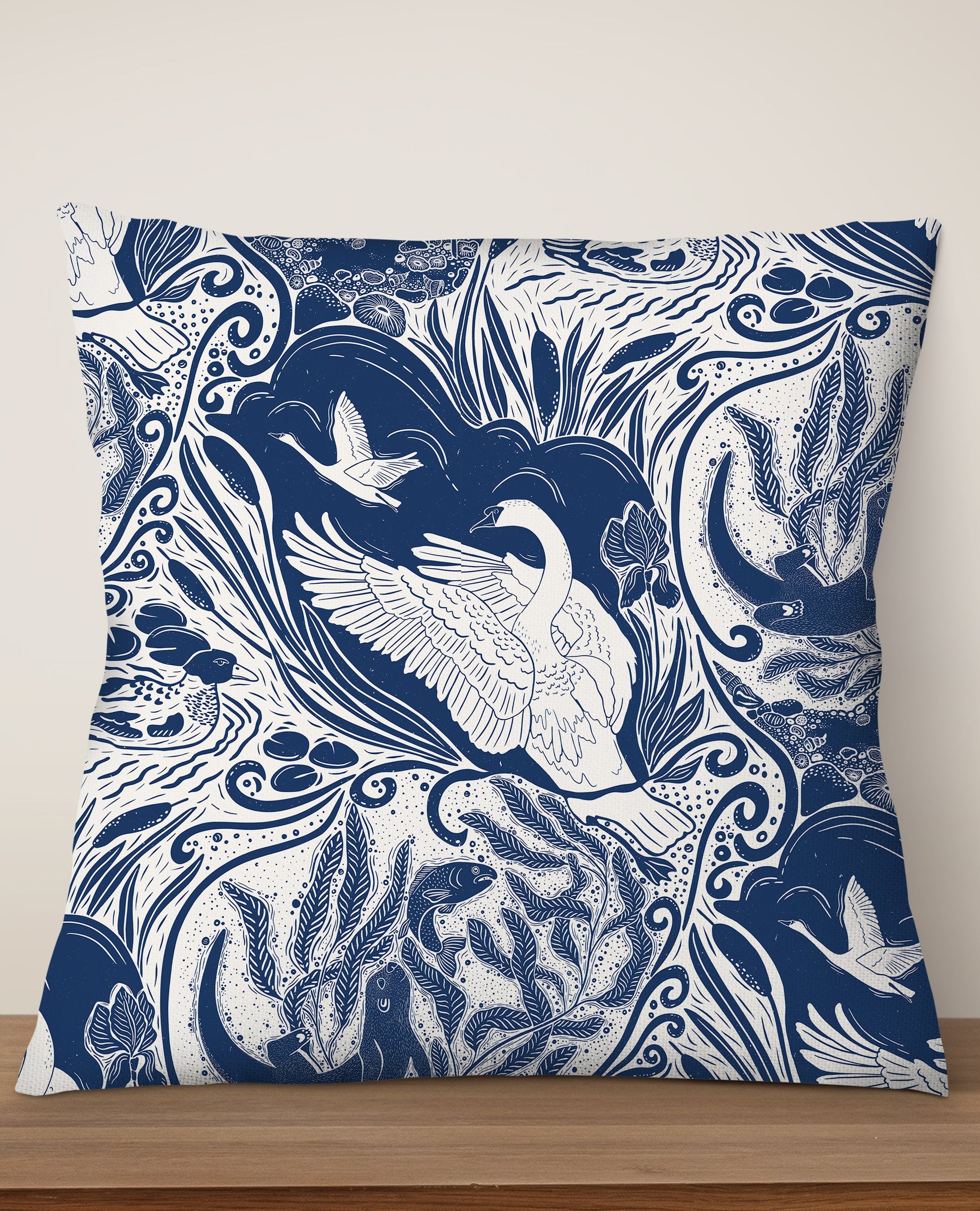 Water Life Block Print by Denes Anna Design Square Cushion (Blue)