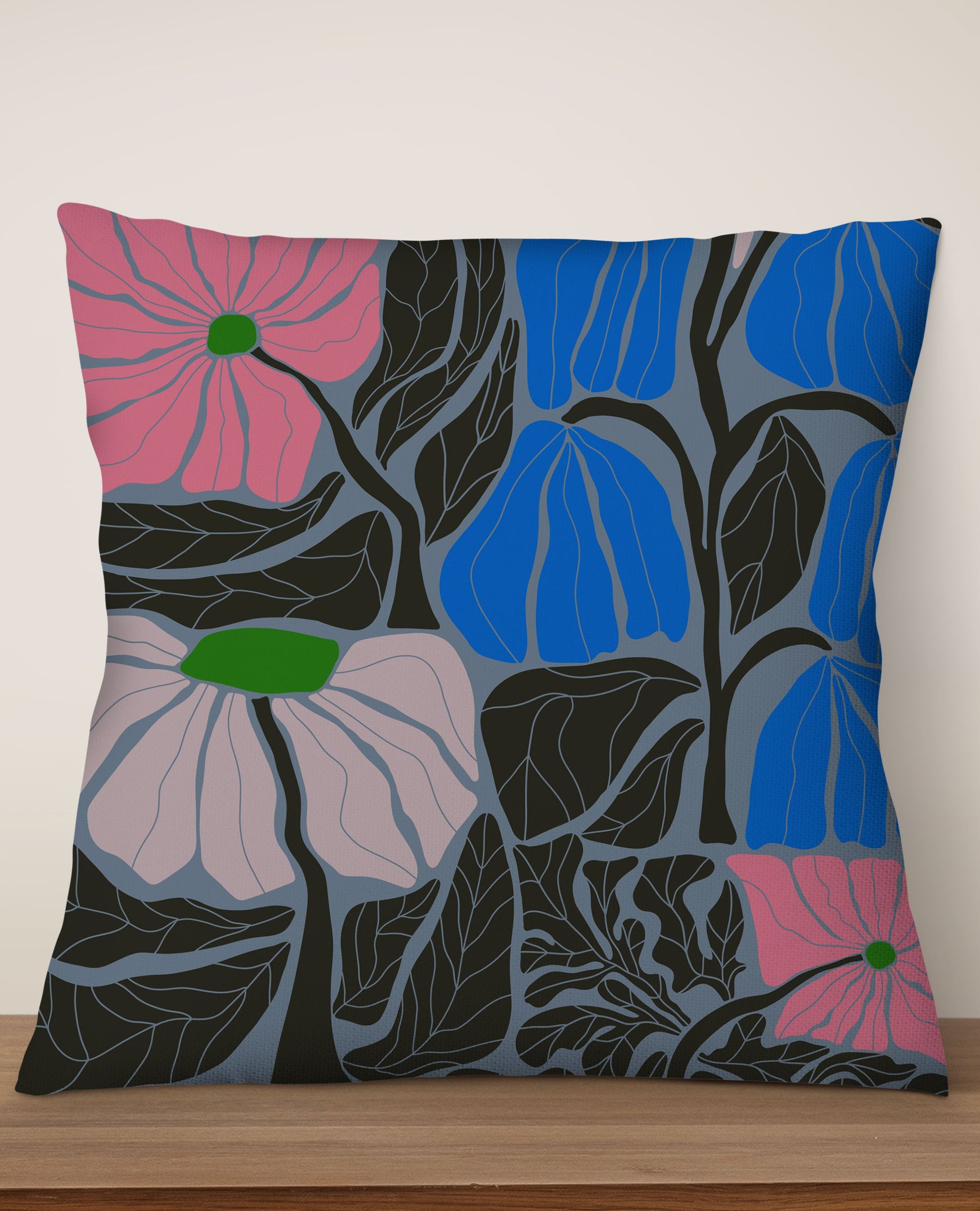 Abstract Flower Square Cushion (Denim Blue)