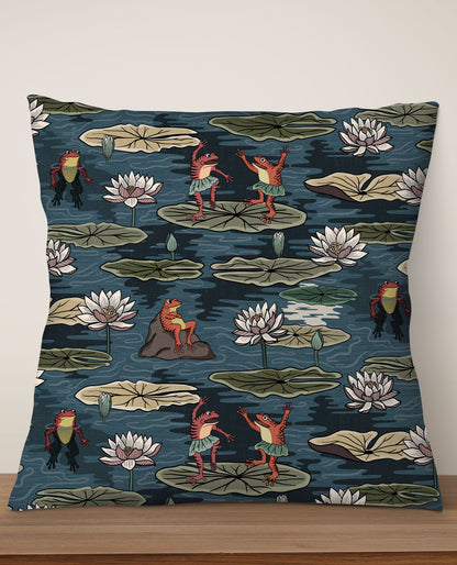 Quirky Frogs by Misentangledvision Square Cushion (Blue)