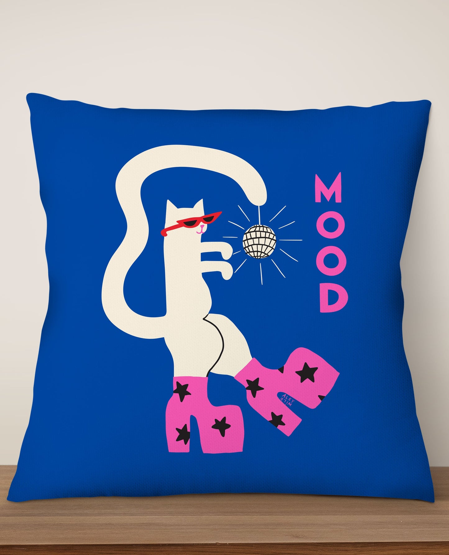 Mood Cat By Aley Wild Square Cushion (Blue)